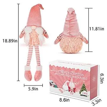 HMASYO Pink Couple Christmas Swedish Gnomes - 2Packs Handmade Swedish Tomte Santa Figurine Plush Elf with Sequin Hat, Long Leg Gnomes Plush Elf Xmas Decor Thanksgiving