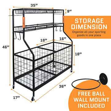 Ball Storage Garage Organizer Sports Equipment Organizer Storage Rack for Sports & Outdoors | Rolling Wheels with Breaks | Premium Quality | Baseball, Football, Soccer, Tennis Sports Accessories