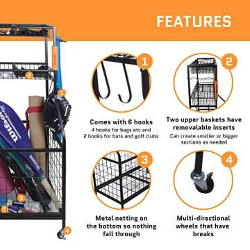 Ball Storage Garage Organizer Sports Equipment Organizer Storage Rack for Sports & Outdoors | Rolling Wheels with Breaks | Premium Quality | Baseball, Football, Soccer, Tennis Sports Accessories