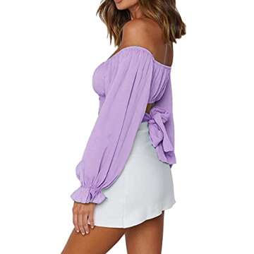 LYANER Women's Cute Off Shoulder Long Sleeve Self Tie Knot Crop Tube Top Blouse Lavender Small