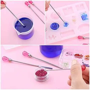 11 Pcs Silicone Resin Mold Tools Set Stirring Needle Spoon Tool Tweezers Precision Kit, Anti-Static Electronics Tweezers Set for Resin Art Crafts,Jewelry Making,DIY Epoxy Casting Molds(Rose Red)