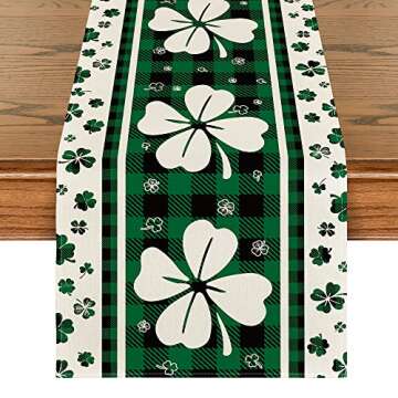Artoid Mode Green Clover Buffalo Plaid Shamrocks St.Patrick's Day Table Runner, Seasonal Kitchen Dining Table Decoration for Indoor Home Party 13x72 Inch