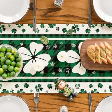 Artoid Mode Green Clover Buffalo Plaid Shamrocks St.Patrick's Day Table Runner, Seasonal Kitchen Dining Table Decoration for Indoor Home Party 13x72 Inch