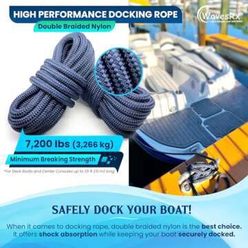 WavesRx 1/2” x 20’ (4PK) Premium Dock Lines for Boat & Pontoon | Double Braided Nylon Boat Ropes...