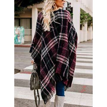 VIMPUNEC Women Boho Buffalo Plaid Poncho Pashmina Shawl Wrap Cape Sweater Knitting Cardigan with Tas...