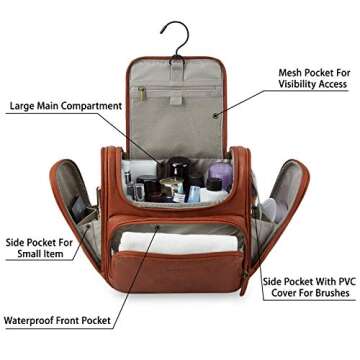 BAGSMART Hanging Toiletry Bag, Water-resistant Leather Dopp Kit, Large Travel Organizer for Full Sized Container, Brown