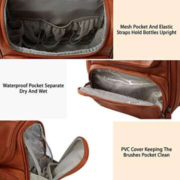 BAGSMART Hanging Toiletry Bag, Water-resistant Leather Dopp Kit, Large Travel Organizer for Full Sized Container, Brown