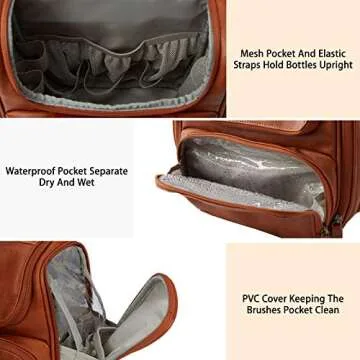 BAGSMART Hanging Toiletry Bag, Water-resistant Leather Dopp Kit, Large Travel Organizer for Full Sized Container, Brown