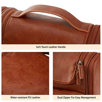 BAGSMART Hanging Toiletry Bag, Water-resistant Leather Dopp Kit, Large Travel Organizer for Full Sized Container, Brown