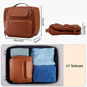 BAGSMART Hanging Toiletry Bag, Water-resistant Leather Dopp Kit, Large Travel Organizer for Full Sized Container, Brown