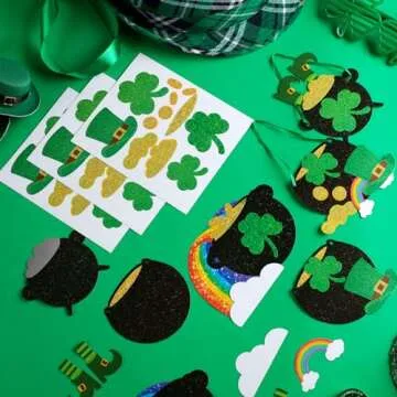 Nuanchu 36 Sets St. Patrick Day Craft Kits for Kids DIY Gold Pot Shamrock Coin Hats Rainbow Stickers Hanging St. Patrick Day Decorations for Kids Irish Classroom Activity Luck Gift Art Party Favors