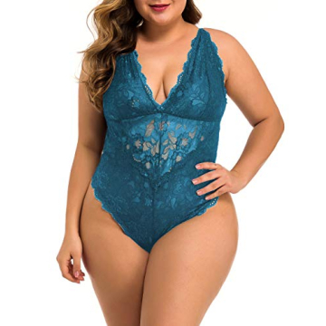 XAKALAKA Women Plus Size Lace Bodysuit Teddy Lingerie - Peacock Blue 2X
