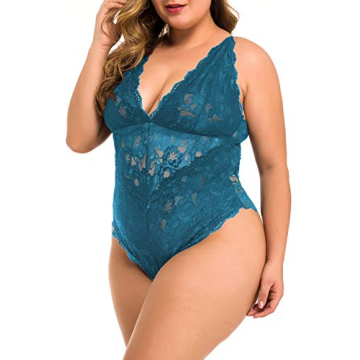 XAKALAKA Plus Size Lace Bodysuit Teddy Lingerie Peacock Blue