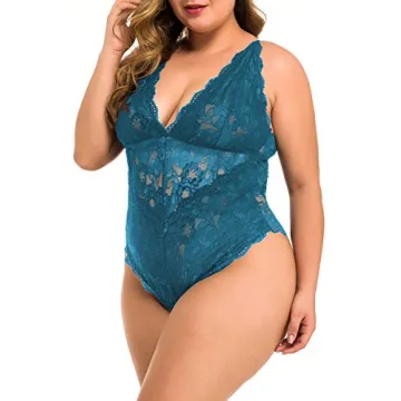 XAKALAKA Plus Size Lace Bodysuit Teddy Lingerie Peacock Blue