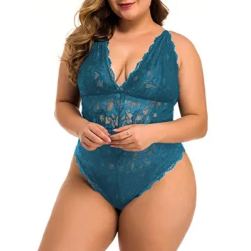 XAKALAKA Plus Size Lace Bodysuit Teddy Lingerie Peacock Blue