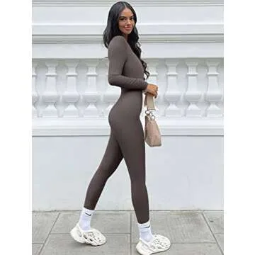 OQQ Women Long Sleeve Yoga Jumpsuits Workout Ribbed Bodysuits Pants Sexy One Piece Tea leaf