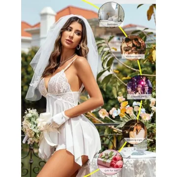 Avidlove Wedding Lingerie for Women Lace Babydoll Strap Chemise Sleepwear Honeymoon Nightwear White