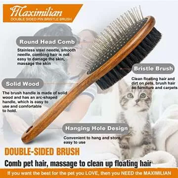 MAXIMILIAN World Class Handmade 2 Sided Pin & Bristle Dog Brush for Removing & Shedding Dog & Cat with Short or Long Hair. Effortlessly Remove Loose Hair