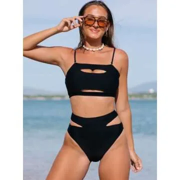 popvil Women's Black Strapless High Waisted Bikini Sets Sexy Bandeau Swimsuits Two Piece Bathing Suits