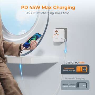 TESSAN Universal Travel Adapter, 45W International Plug Adaptor with 2 USB C 3 USB A Ports, Travel W...