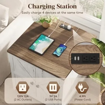 Lifewit Farmhouse End Table with Charging Station