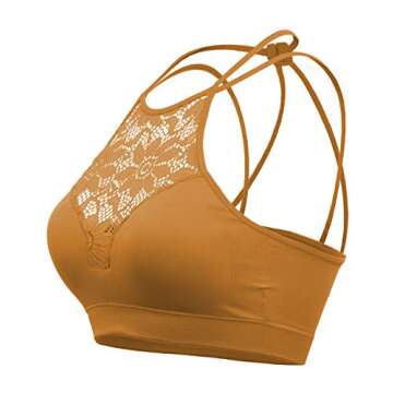 NT6691 Womens Every Day High Neck Lace Cutout Bralette with Bra Pads Double Crisscross Back Strap Coffee S/M