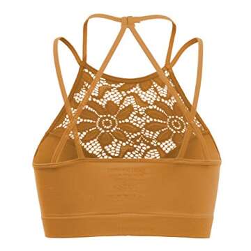NT6691 Womens Every Day High Neck Lace Cutout Bralette with Bra Pads Double Crisscross Back Strap Coffee S/M