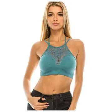 NT6691 Womens Every Day High Neck Lace Cutout Bralette with Bra Pads Double Crisscross Back Strap Coffee S/M