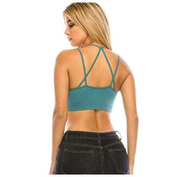 NT6691 Womens Every Day High Neck Lace Cutout Bralette with Bra Pads Double Crisscross Back Strap Coffee S/M