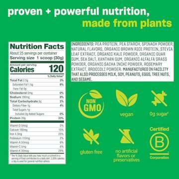 Vega Protein and Greens Protein Powder, Vanilla - 20g Plant Based Protein Plus Veggies, Vegan, Non GMO, Pea Protein for Women and Men, 1.7 lbs (Packaging May Vary)