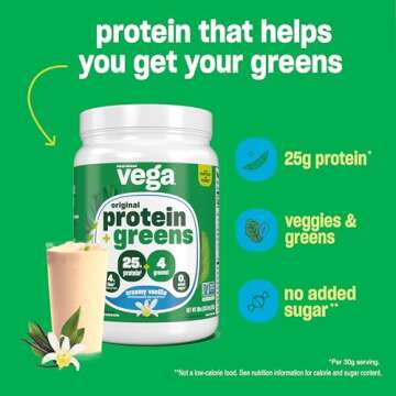 Vega Protein and Greens Protein Powder, Vanilla - 20g Plant Based Protein Plus Veggies, Vegan, Non GMO, Pea Protein for Women and Men, 1.7 lbs (Packaging May Vary)
