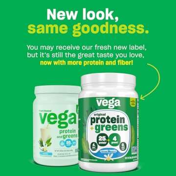 Vega Protein and Greens Protein Powder, Vanilla - 20g Plant Based Protein Plus Veggies, Vegan, Non GMO, Pea Protein for Women and Men, 1.7 lbs (Packaging May Vary)