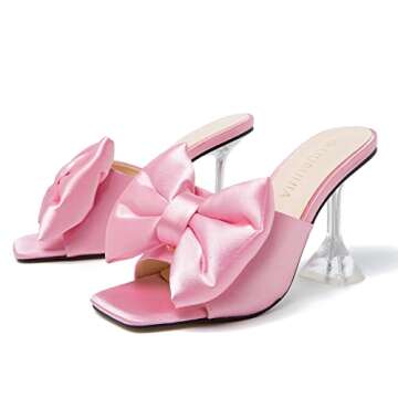LIURUIJIA Women's Bow High Heels Mules Dress Sandals Slip On Party Prom Wedding Bridal Shoes Pink 46 US 12