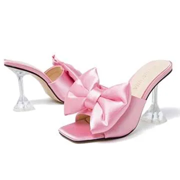 LIURUIJIA Women's Bow High Heels Mules Dress Sandals Slip On Party Prom Wedding Bridal Shoes Pink 46 US 12