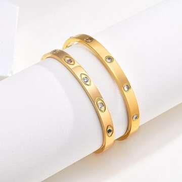 Gold Bracelets for Women - 2Pcs 18K Gold Plated Love Cubic Zirconia Bangle Crystal Friendship Bracelet Jewelry,Wedding Party Christmas Valentine's Day Birthday Gifts for Her Girlfriend Sister Daughter