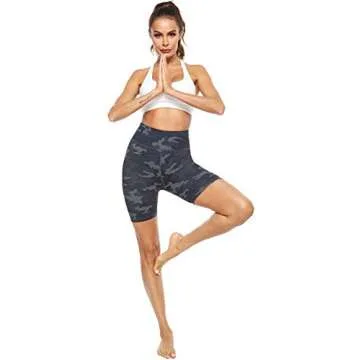 PERSIT Women's High Waist Print Workout Yoga Shorts with 2 Hidden Pockets, Non See-Through Tummy Control Athletic Shorts Deep Grey Camo