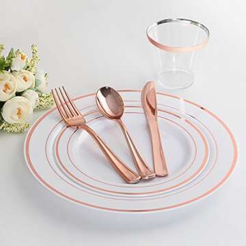 Elegant Rose Gold Disposable Plates & Silverware Set