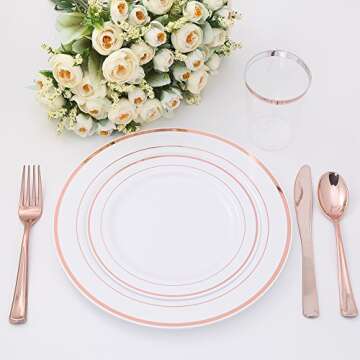 Elegant Rose Gold Disposable Plates & Silverware Set