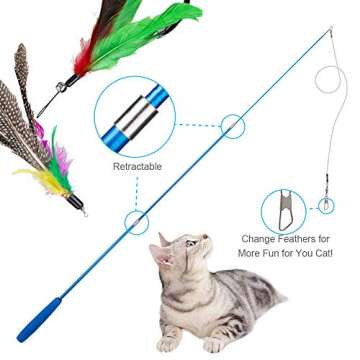 JIARON Cat Toys Feather Toy, 2PCS Retractable Wand and 10PCS Replacement Teaser with Bell Refills, Interactive Catcher and Funny Exercise for Kitten.