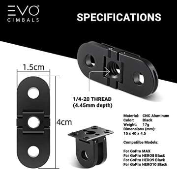 EVO Gimbals PRO10 Base Adapter - Replacement Mount for GoPro Hero 12, 11, Hero 10, Hero 9/8 & GoPro MAX with 1/4 Thread for Tripods, Monopods and Accessories