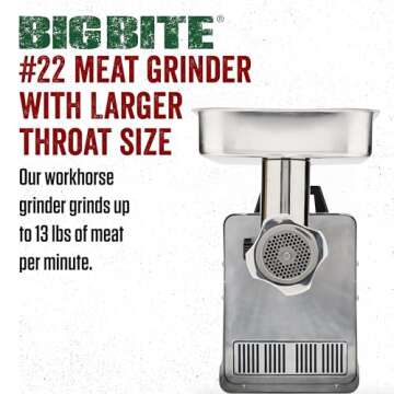 LEM Products BigBite #22 Meat Grinder, 1.0 HP Stainless Steel Electric Meat Grinder Machine, Ideal for Heavy Use