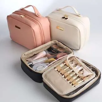 OLBUPS Portable Large Capacity Cosmetic Bag, Skincare Products, Makeup Brush Storage Bag, Double Layer Makeup Bag (White)