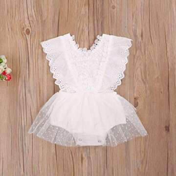 Kayotuas Newborn Infant Baby Girls Butterfly Sleeve Romper Clothes Ruffle Lace Bodysuit Tutu Dress Jumpsuit Princess Outfit (White, 6-12 Months)