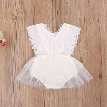 Kayotuas Newborn Infant Baby Girls Butterfly Sleeve Romper Clothes Ruffle Lace Bodysuit Tutu Dress Jumpsuit Princess Outfit (White, 6-12 Months)