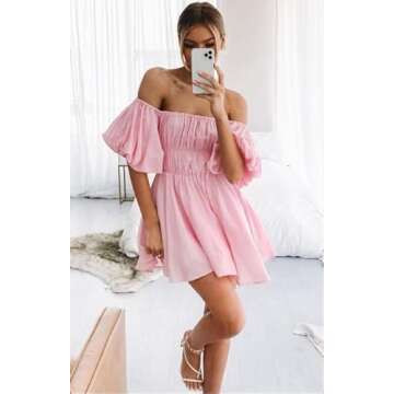 MEROKEETY Women's Summer Square Neck Lantern Sleeve Dress Ruffle Boho Flowy Mini Dress for Vacation, Pink, Small