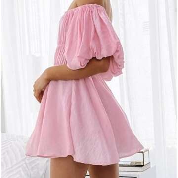 MEROKEETY Women's Summer Square Neck Lantern Sleeve Dress Ruffle Boho Flowy Mini Dress for Vacation, Pink, Small