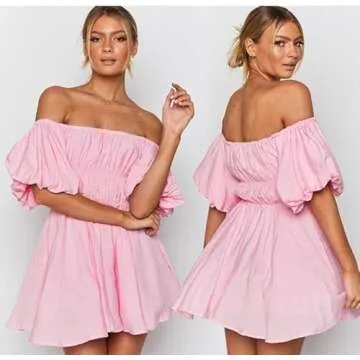 MEROKEETY Women's Summer Square Neck Lantern Sleeve Dress Ruffle Boho Flowy Mini Dress for Vacation, Pink, Small