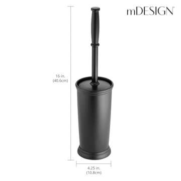 mDesign Toilet Bowl Brush and Holder - Covered Bathroom Toilet Brush - Standing Toilet Bowl Scrubber in Modern Holder - Compact, Space Saving, Deep Cleaning Brush for Toilet - Hyde Collection - Black