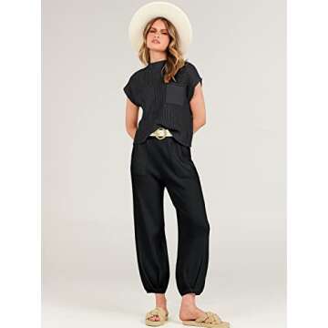 Caracilia Womens Two Piece Outfits Knit Sweater Sets Matching Lounge Set Sweatsuit Tracksuit Summer Trendy Clothes Black M