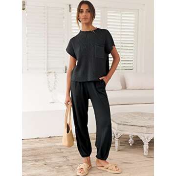 Caracilia Womens Two Piece Outfits Knit Sweater Sets Matching Lounge Set Sweatsuit Tracksuit Summer Trendy Clothes Black M